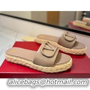 Shop Duplicate Valentino VLogo Calfskin Leather Flat Slides Sandal Dusty Beige VA082114 0821145