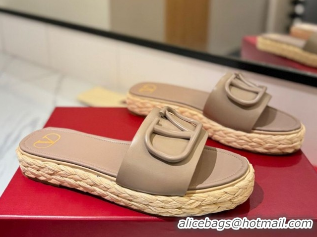 Shop Duplicate Valentino VLogo Calfskin Leather Flat Slides Sandal Dusty Beige VA082114 0821145