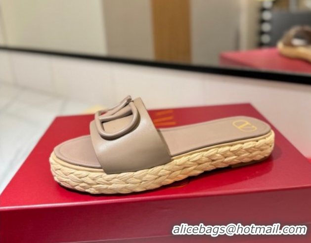 Shop Duplicate Valentino VLogo Calfskin Leather Flat Slides Sandal Dusty Beige VA082114 0821145