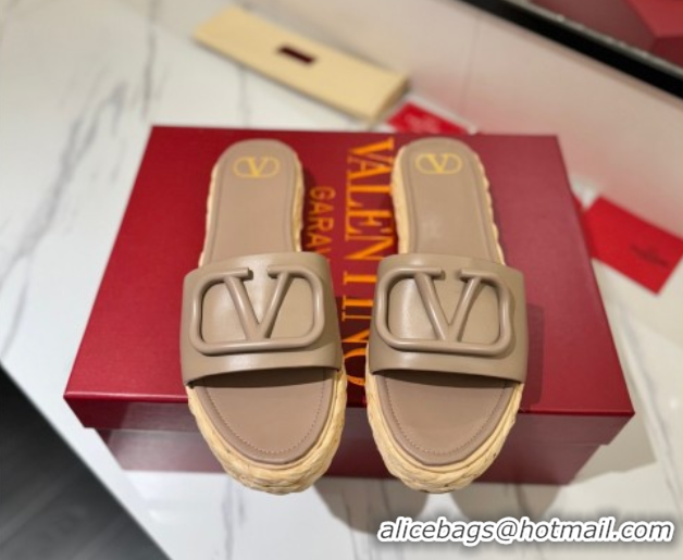 Shop Duplicate Valentino VLogo Calfskin Leather Flat Slides Sandal Dusty Beige VA082114 0821145