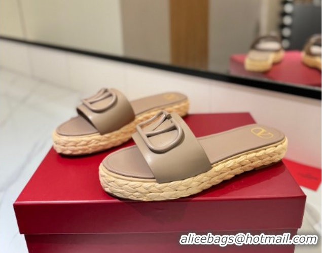 Shop Duplicate Valentino VLogo Calfskin Leather Flat Slides Sandal Dusty Beige VA082114 0821145
