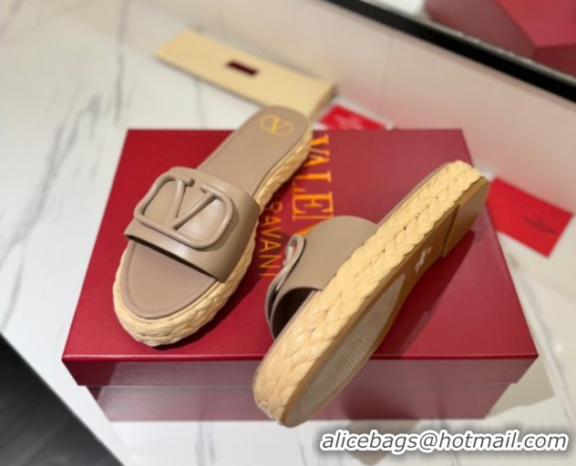 Shop Duplicate Valentino VLogo Calfskin Leather Flat Slides Sandal Dusty Beige VA082114 0821145