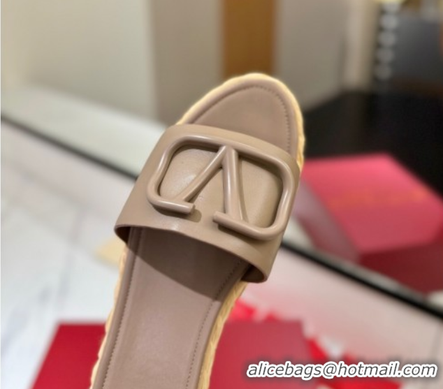 Shop Duplicate Valentino VLogo Calfskin Leather Flat Slides Sandal Dusty Beige VA082114 0821145
