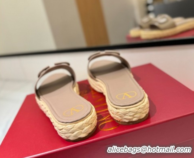 Shop Duplicate Valentino VLogo Calfskin Leather Flat Slides Sandal Dusty Beige VA082114 0821145