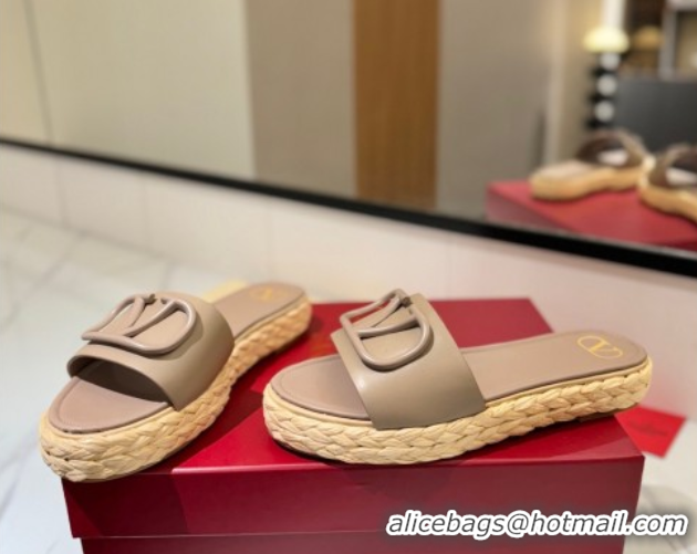 Shop Duplicate Valentino VLogo Calfskin Leather Flat Slides Sandal Dusty Beige VA082114 0821145