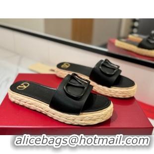 Low Cost Valentino VLogo Calfskin Leather Flat Slides Sandal Black 2025 VA082114 0821146