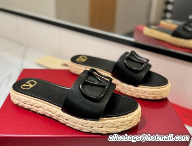 Low Cost Valentino VLogo Calfskin Leather Flat Slides Sandal Black 2025 VA082114 0821146