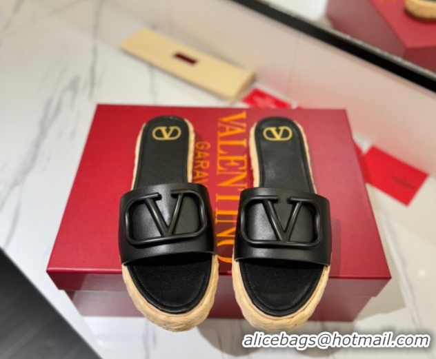 Low Cost Valentino VLogo Calfskin Leather Flat Slides Sandal Black 2025 VA082114 0821146