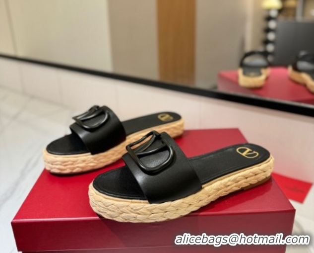 Low Cost Valentino VLogo Calfskin Leather Flat Slides Sandal Black 2025 VA082114 0821146