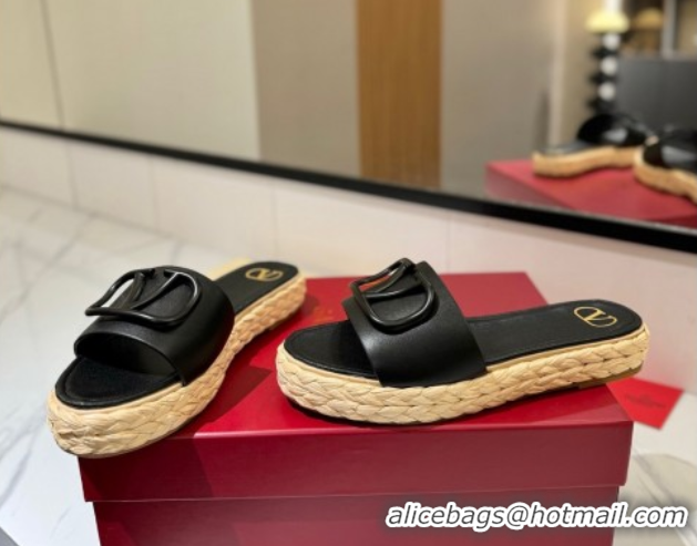 Low Cost Valentino VLogo Calfskin Leather Flat Slides Sandal Black 2025 VA082114 0821146