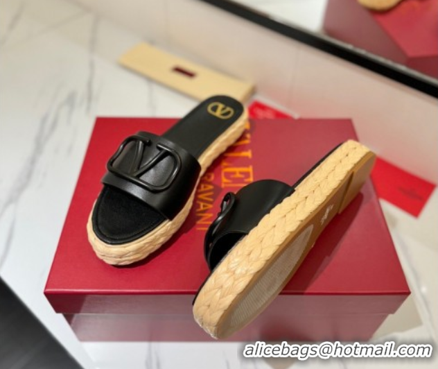 Low Cost Valentino VLogo Calfskin Leather Flat Slides Sandal Black 2025 VA082114 0821146