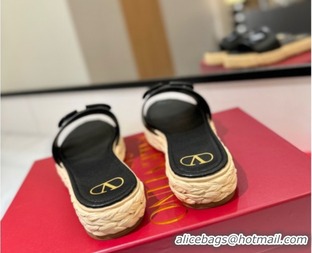 Low Cost Valentino VLogo Calfskin Leather Flat Slides Sandal Black 2025 VA082114 0821146