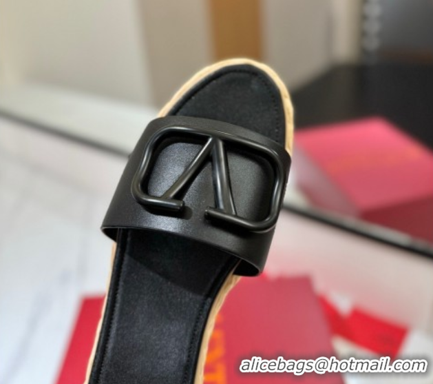 Low Cost Valentino VLogo Calfskin Leather Flat Slides Sandal Black 2025 VA082114 0821146