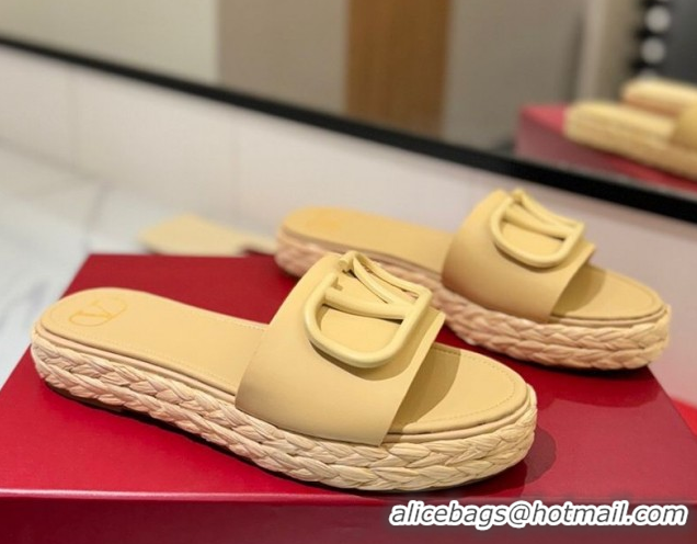 Best Product Valentino VLogo Calfskin Leather Flat Slides Sandal Yellow 2025 VA082114 0821147