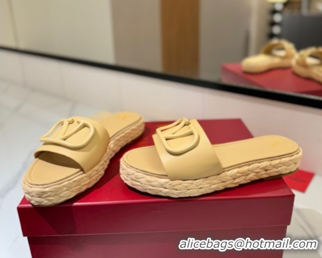 Best Product Valentino VLogo Calfskin Leather Flat Slides Sandal Yellow 2025 VA082114 0821147