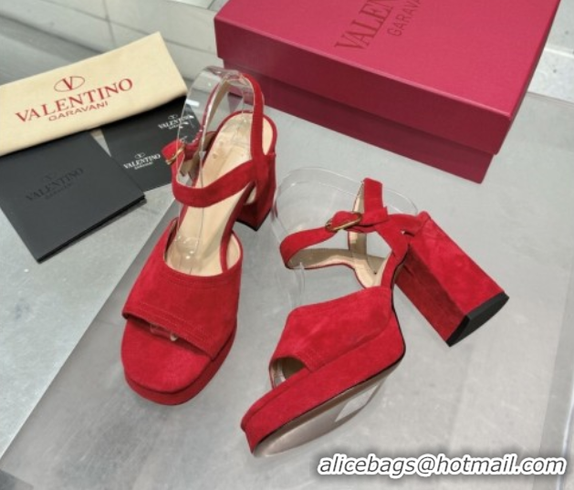 Classic Hot Valentino Fawcette Platform Sandals 10cm in Suede Red 0902035