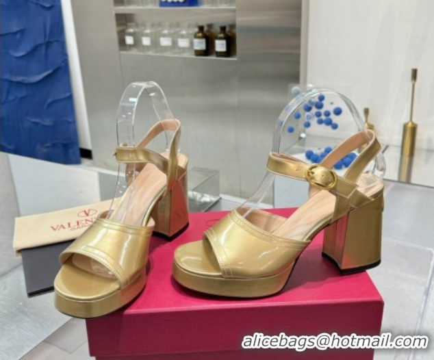 Top Grade Valentino Fawcette Platform Sandals 10cm in Polished Calfskin Gold 0902038