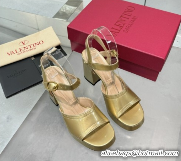 Top Grade Valentino Fawcette Platform Sandals 10cm in Polished Calfskin Gold 0902038