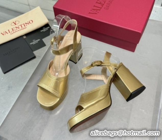 Top Grade Valentino Fawcette Platform Sandals 10cm in Polished Calfskin Gold 0902038