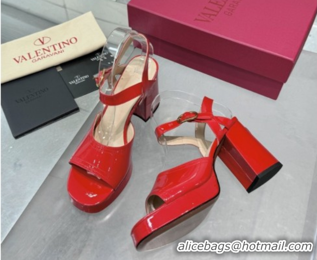 Good Quality Valentino Fawcette Platform Sandals 10cm in Polished Calfskin Red 0902039