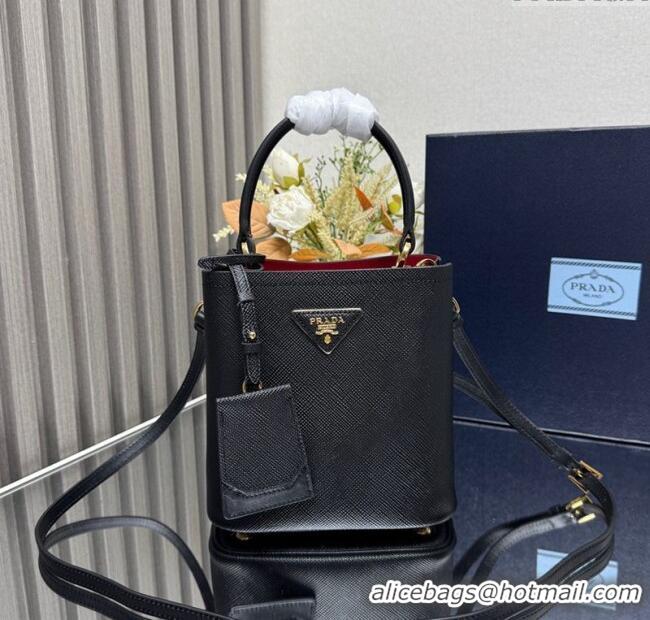Big Discount Prada Panier mini Saffiano leather bucket bag 1BA217 Black/Red 2025