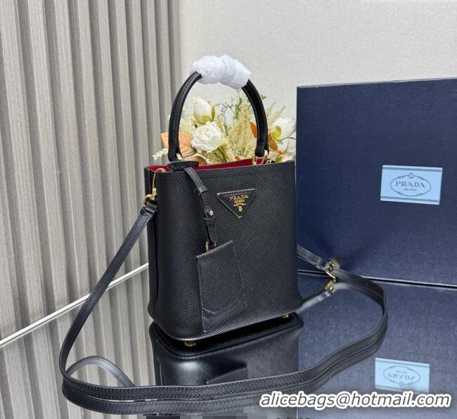 Big Discount Prada Panier mini Saffiano leather bucket bag 1BA217 Black/Red 2025