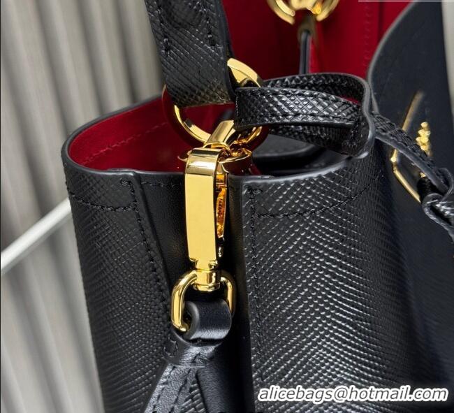 Big Discount Prada Panier mini Saffiano leather bucket bag 1BA217 Black/Red 2025