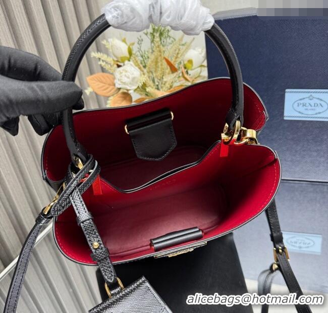 Big Discount Prada Panier mini Saffiano leather bucket bag 1BA217 Black/Red 2025