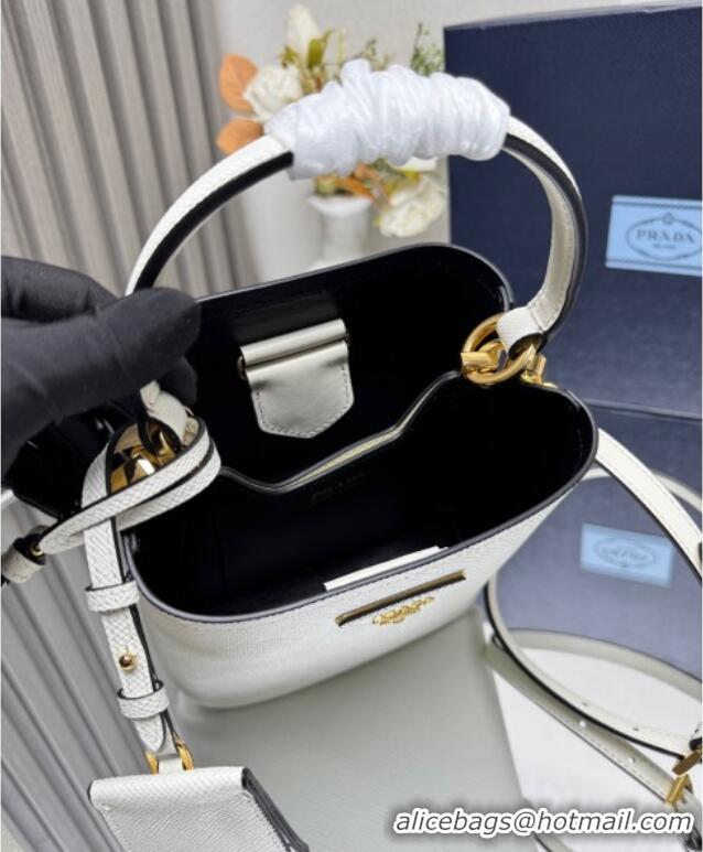 Top Design Prada Panier mini Saffiano leather bucket bag 1BA217 White 2025