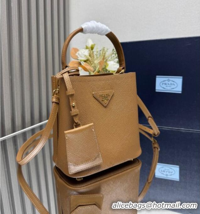 Famous Brand Prada Panier mini Saffiano leather bucket bag 1BA217 Brown 2025