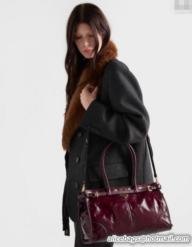 Grade Promotional Prada Bonnie large leather handbag 1BA433 Burgundy 2025