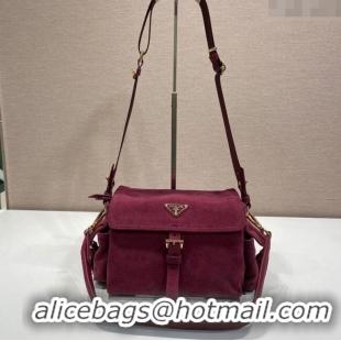 New Cheap Prada Explore medium suede shoulder bag with flap 1BD394 Burgundy 2025