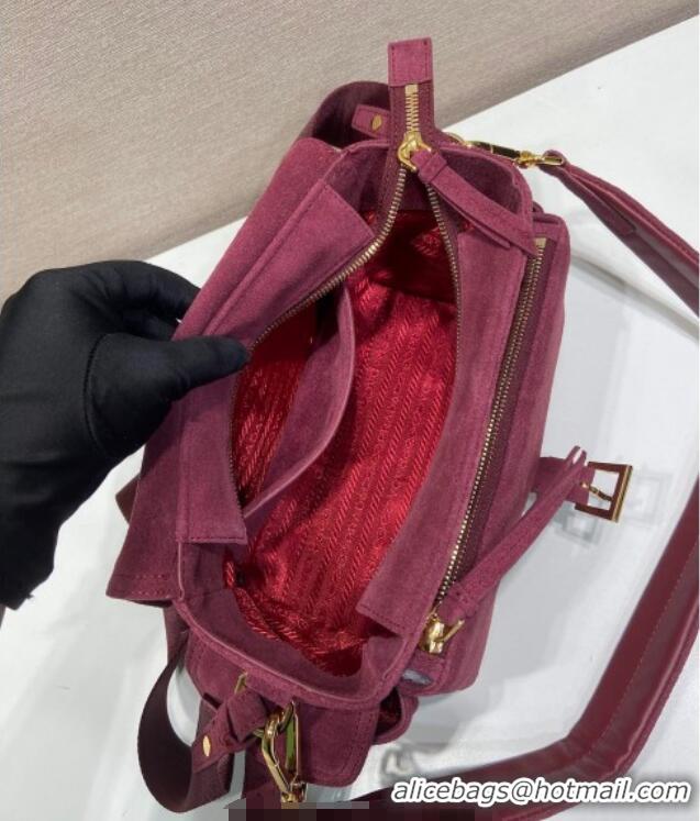 New Cheap Prada Explore medium suede shoulder bag with flap 1BD394 Burgundy 2025