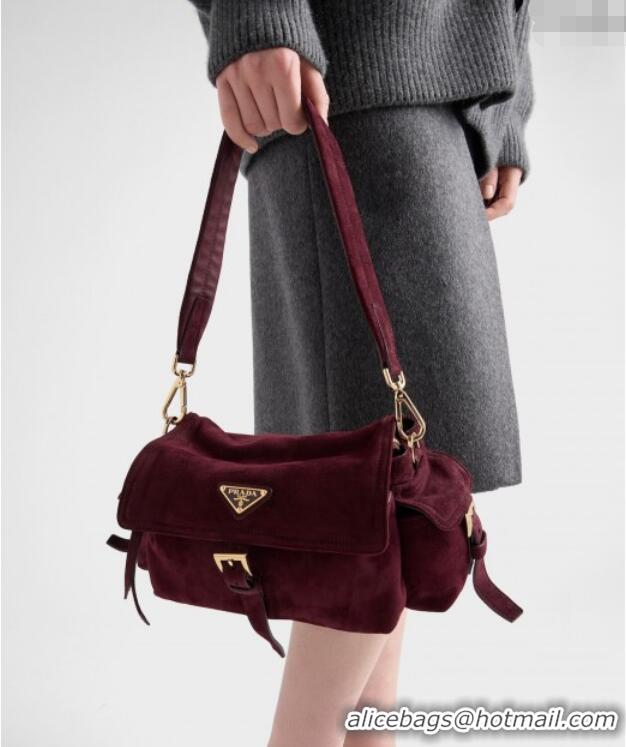 New Cheap Prada Explore medium suede shoulder bag with flap 1BD394 Burgundy 2025
