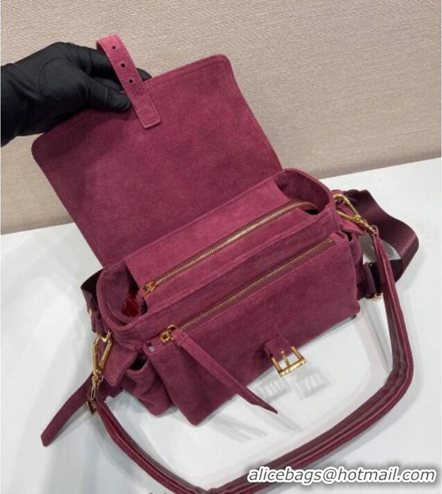 New Cheap Prada Explore medium suede shoulder bag with flap 1BD394 Burgundy 2025