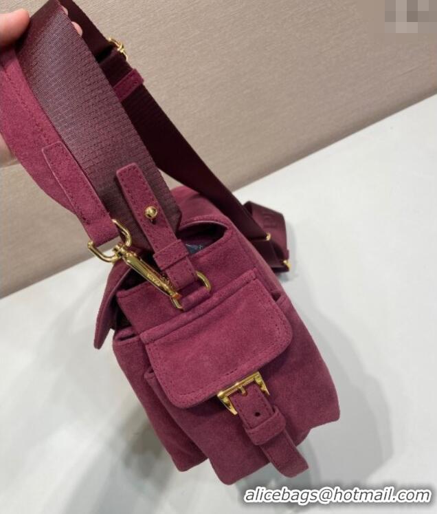New Cheap Prada Explore medium suede shoulder bag with flap 1BD394 Burgundy 2025