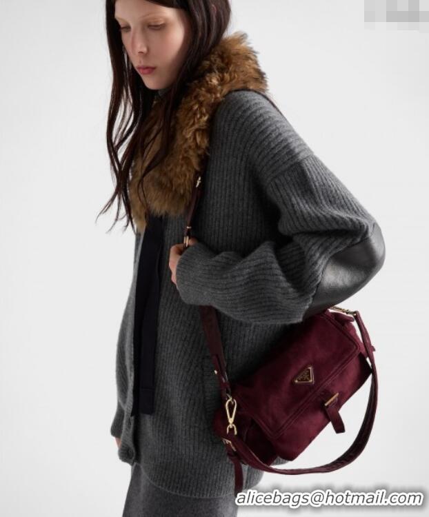 New Cheap Prada Explore medium suede shoulder bag with flap 1BD394 Burgundy 2025