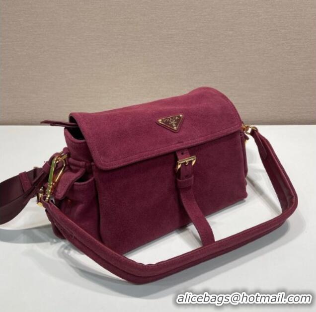 New Cheap Prada Explore medium suede shoulder bag with flap 1BD394 Burgundy 2025