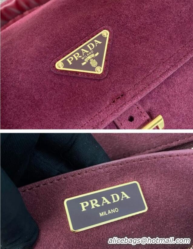 New Cheap Prada Explore medium suede shoulder bag with flap 1BD394 Burgundy 2025
