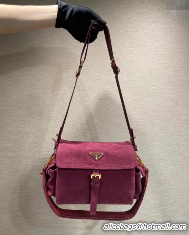 New Cheap Prada Explore medium suede shoulder bag with flap 1BD394 Burgundy 2025
