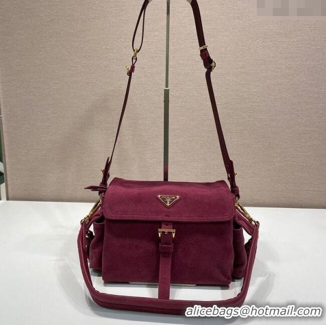 New Cheap Prada Explore medium suede shoulder bag with flap 1BD394 Burgundy 2025