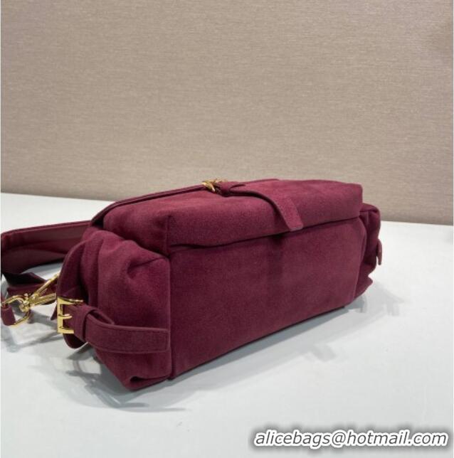 New Cheap Prada Explore medium suede shoulder bag with flap 1BD394 Burgundy 2025