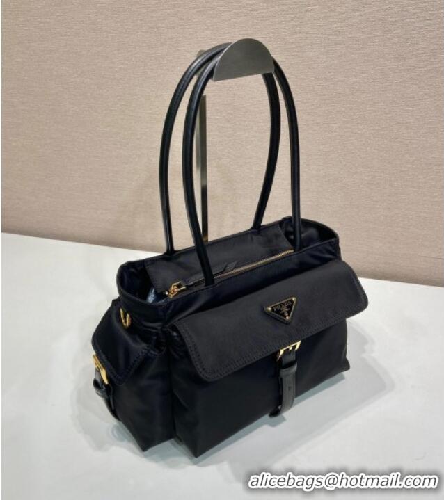 Trendy Design Prada Explore medium Re-Nylon and leather tote bag 1BG596 Black 2025