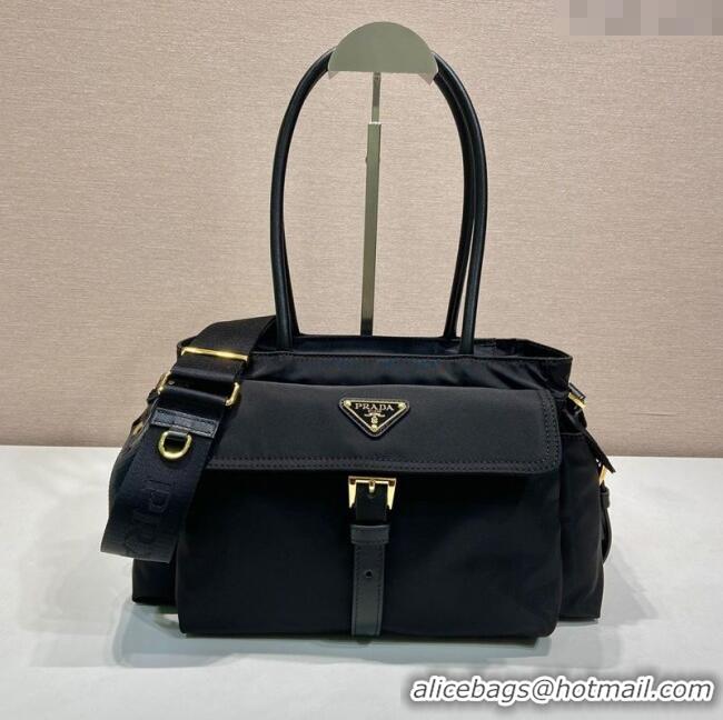Trendy Design Prada Explore medium Re-Nylon and leather tote bag 1BG596 Black 2025