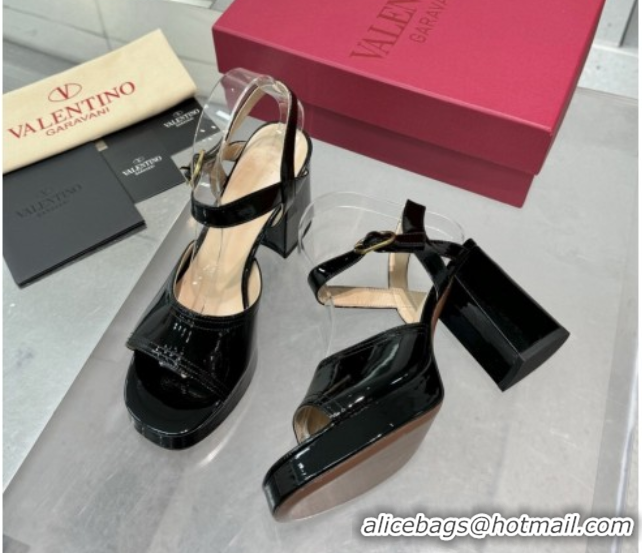 Stylish Valentino Fawcette Platform Sandals 10cm in Polished Calfskin Black 0902042