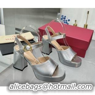 Sophisticated Valentino Fawcette Platform Sandals 10cm in Polished Calfskin Silver 0902045