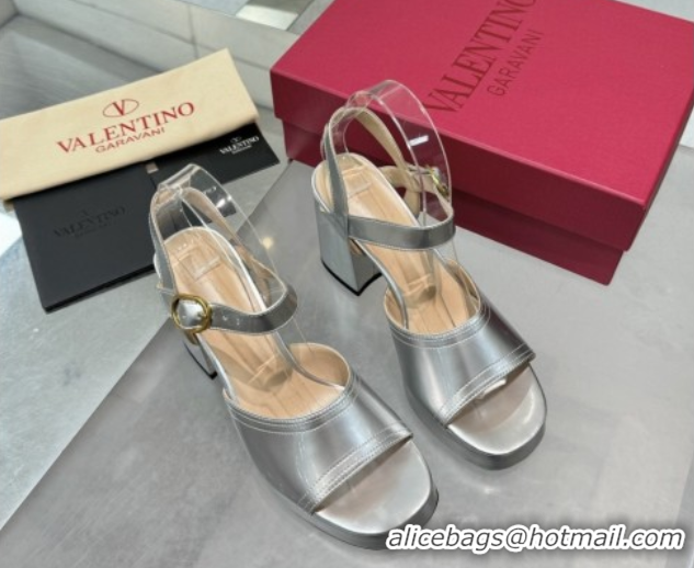 Sophisticated Valentino Fawcette Platform Sandals 10cm in Polished Calfskin Silver 0902045