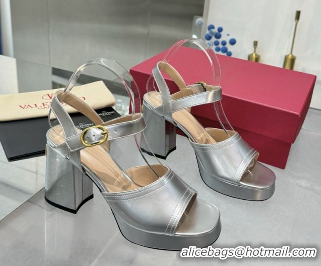 Sophisticated Valentino Fawcette Platform Sandals 10cm in Polished Calfskin Silver 0902045
