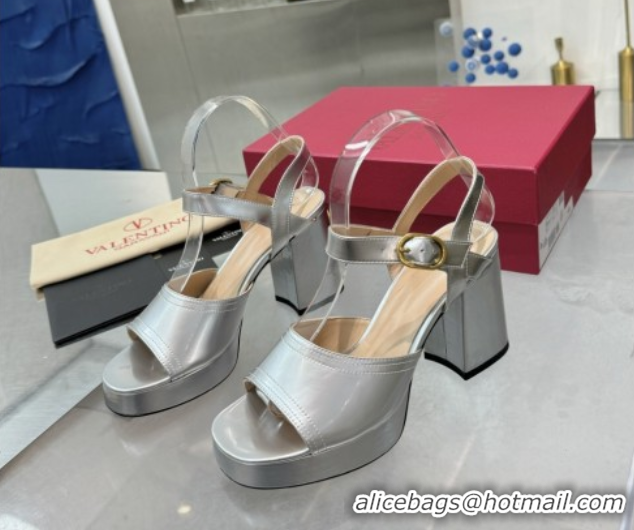 Sophisticated Valentino Fawcette Platform Sandals 10cm in Polished Calfskin Silver 0902045