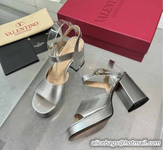 Sophisticated Valentino Fawcette Platform Sandals 10cm in Polished Calfskin Silver 0902045